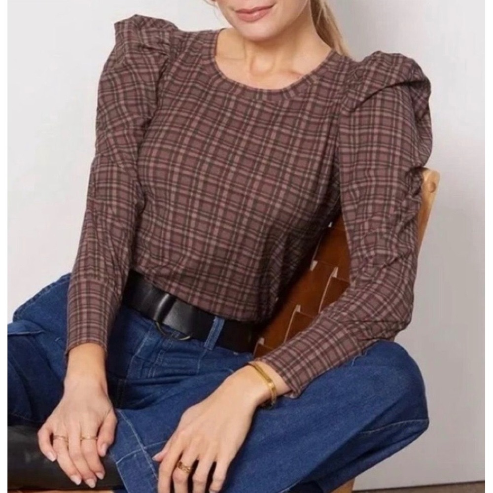 Nation LTD Romy Long Sleeve Top XS Tartan Plaid Boho Classic Preppy